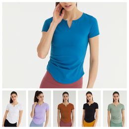 LL Camisas de entrenamiento para mujer de manga corta, camisetas de yoga, camiseta informal para senderismo, camiseta atlética transpirable de secado rápido