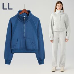 LL Yoga Jacket Femme Automne/Hiver Ample Court SCA Demi-Zip Col Haut Pull Coupe-Vent Chaud Brossé Peluche Épaissie Loisirs De Plein Air Course Pull avec Poches