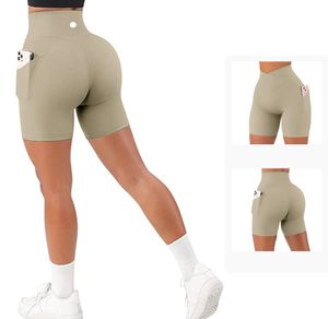 LL Yoga Shorts Ribber Dames Sport Cross Taille Broek Met Zakken Hardlopen Fitness Stretchy Gym Ondergoed Workout Korte legging A1005