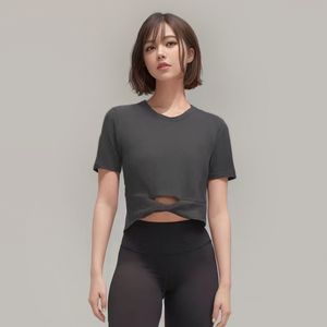 LL Yoga Wear T-shirt en coton à manches courtes pour femmes Style court côtelé Modal à manches courtes Lu Respirant Tight Sports Jogging Top