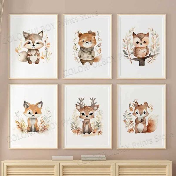 Llpapers Bears Foxes Squirrels Owls Automn Feuilles Affiches d'art sur les murs de la pépinière Impressions d'art toiles PEINTURES PEINTURES Baby Rooms Home Decor J240505