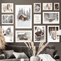 LLPAPERS Arte de pared lienzo de invierno casa nevada de pino hojas de hojas de reno y sala de estar impresa Imágenes decorativas de pared J240505