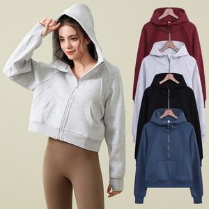 LL Yoga Sweatshirts SCA Sweats à capuche surdimensionnés à moitié zippés Vestes de survêtement Doux et confortables Manteaux à capuche courts Printemps/Automne/Hiver Épais Femmes Fitness Jogger SweatTops