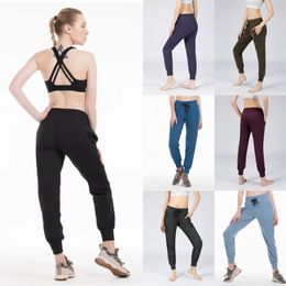 LLU-Naked Feel Tela Yoga Entrenamiento Deporte Joggers Pantalones Mujer Cintura Cordón Fitness Correr Pantalones deportivos con dos bolsillos laterales Estilo