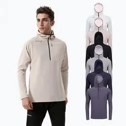 LLu Nouveau T-shirt à capuche pour hommes en plein air respirant séchage rapide haut à manches longues col montant Fitness Yoga demi-fermeture éclair pull loisirs sport manteau