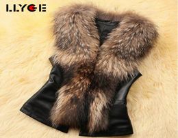 Llyge Pu Leather Faux Fur Femmes Collets d'hiver 2018 Casual Plus taille sans manches en faux fourrure