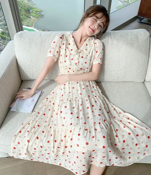 LLZACOOSH Arrive Runway Summer Women Peter Pan Collar Vestidos Moda manga corta Dot Casual Slim Dress Vestidos 210514