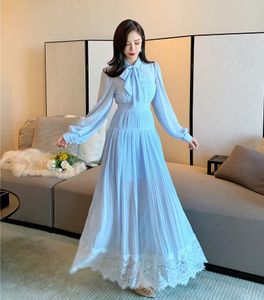 Llzacoosh fashion herfst vrouwen hemel blauwe jurk boog kraag lange mouw kant patchwork dames elegante lange jurk vestidos 210514