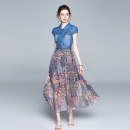 LLZACOOSH moda mujer verano elegante vestido de mezclilla alta calidad Vintage gasa estampado diseñador pasarela Vestidos 210514