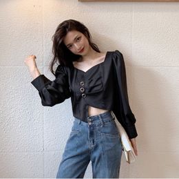 LLZACOOSH Korea Casual Dames Blouses Square Collar Single Breasted onregelmatige korte shirts voor vrouwelijke kleding 210514
