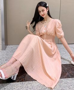 LLZACOOSH Koreaanse zomer vrouwen elegante solide v-hals ol sexy elastische taille een lijn mid-calf slanke kantoor jurk 210514