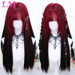 LM Black Wine Red Red Long Wavy Synthetic Wig Alta temperatura Natural con flequillo Cabello de cosplay colorido para mujeres 240408