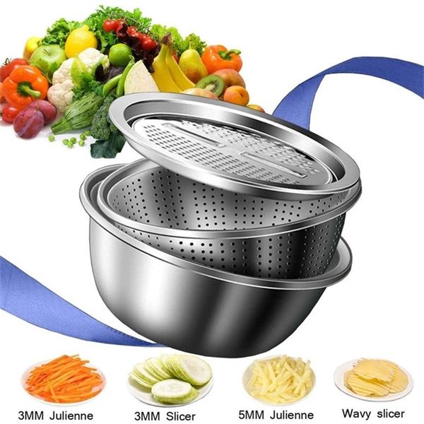 LMETJMA 3 en 1 Trancheuse Cutter Vidange Panier En Acier Inoxydable Légumes Julienne Râpe Salade Maker Bol KC0410 201130210i