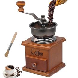 LMETJMA Retro handmatige koffiemolen roestvrijstalen molen met reinigingsborstel houtontwerpmachine 240223