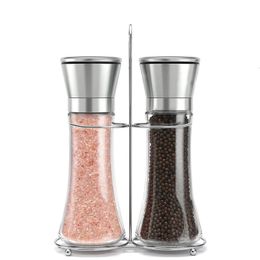 LMETJMA SALT y PEPPER SHAKERS con soporte Manual de acero inoxidable Manual de especias KC0223 240328