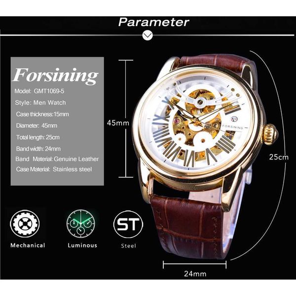 LMJLI - Forsining Vente Exclusive Officielle Cuir Marron Chiffre Romain Rétro Luxe Design Hommes Montre Top Marque Automatique Montre-Bracelet Horloge