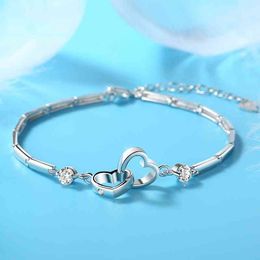 LMNZB 925 Sterling Sier Charms pulseras Bangl para mujeres regalo de San Valentín Cubic Zircon doble corazón pulsera joyería