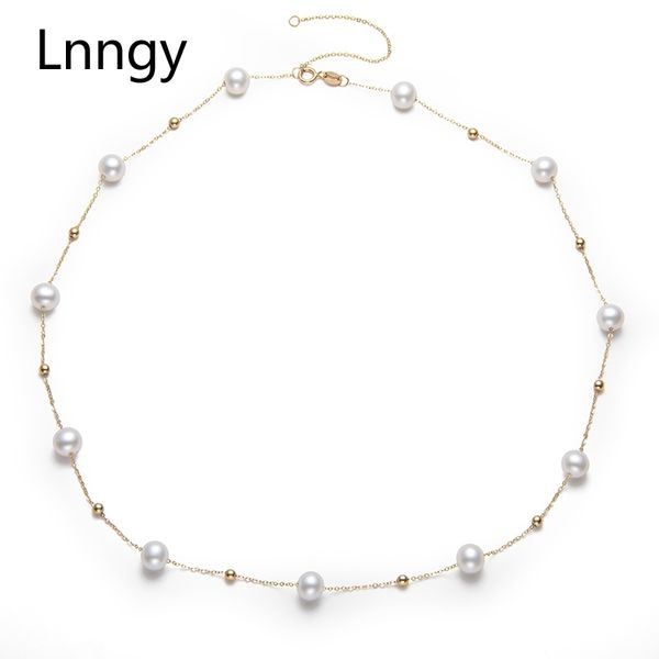 Lnngy, joyería de 18 quilates, collar de cadena de eslabones de oro, collares de perlas naturales de agua dulce, bisutería para mujer, regalos para mujeres, compromiso, cumpleaños