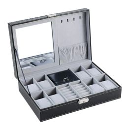 Lnofxas Horlogedoos 8 Sieradendoos Horlogevitrine Organizer Sieraden Trey Opbergdoos Zwart PU-leer met Spiegel en Slot 240104