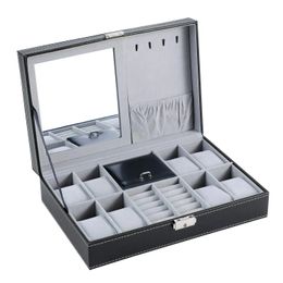 Lnofxas Watch Box 8 Juwelier Box Watch Display Case Organizer Sieraden Trey Storage Box Zwart PU Leer met spiegel en slot 240423