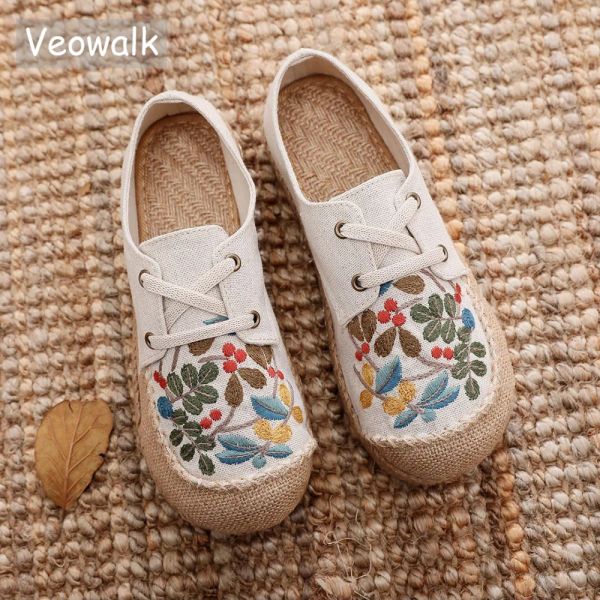 Mandons Veowalk Végan Végan Femmes faites à la main Femmes en lin Espadrilles Forfait confortable Chaussures brodées à lacets confortables Black Beige Grey