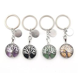 Lobster Clasp Tree of Life Natural Rose Quartz Gem Stone Key Ring Healing Crystal Keychain Sieraden Verjaardag Keyrings cadeau