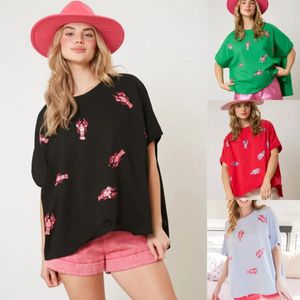 T-shirt à palettes de motif de homard pour femmes pantoufles paillettes à paillettes rétro à manches courtes et à la mode femelle des vêtements de tee-cou lâche 240423