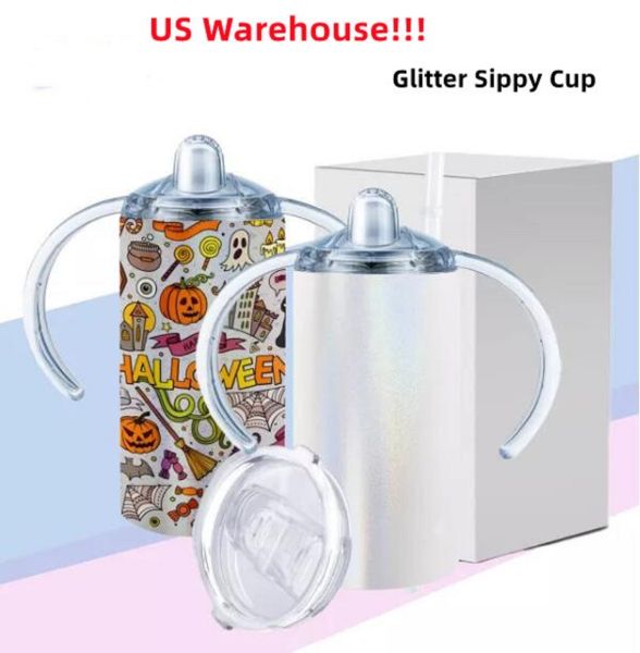 US Warehouse 12oz Sublimation Glitter sippy cup Glitter Straight Tumbler Sublimation baby cup vaso para niños Vaso de acero inoxidable con asa Sucker Cup DOS TAPAS
