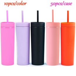 Lokaal magazijn 16oz acryl skinny tumblers mat gekleurde kopjes met deksel en stro 2 laag plastic tuimelaars met kleur stro Amerikaanse voorraad