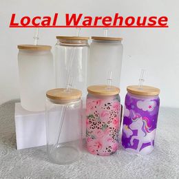 Local Warehouse 16oz Sublimation Clear Frosted Beer Vasos con tapas Pajitas de plástico 500ml Botellas de agua blancas en blanco DIY Transferencia de calor Vasos de vino A12