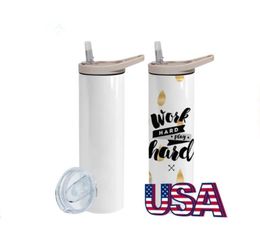 Gobelet droit à sublimation de 20oz/30oz, avec 2 couvercles, bouilloire de Sport de voyage, couvercle en paille, 25 pièces/étui, entrepôt local