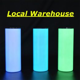 Local Warehouse 20oz STRAIGHT Sublimation Glow Tumblers White Glows Green Blue In The Dark roestvrijstalen waterflessen Dubbel geïsoleerde drinkbekers A12