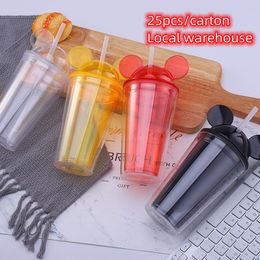 Local Warehouse 450ML Mouse Ear Tumbler Acrílico colores transparentes Tazas para niños de doble pared con tapa de cúpula y paja del mismo color Botella de agua linda para niños