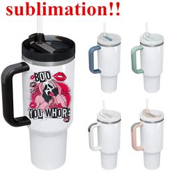 Gobelet de sublimation de 40 oz avec couvercles colorés Tasse de voyage V2 avec poignée et paille qui brillent dans la lumière Gobelet réutilisable en acier inoxydable