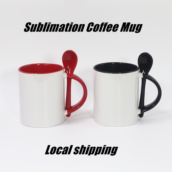 Taza de café de sublimación de almacén Local con cuchara transferencia térmica 11oz tazas de cerámica para beber A02