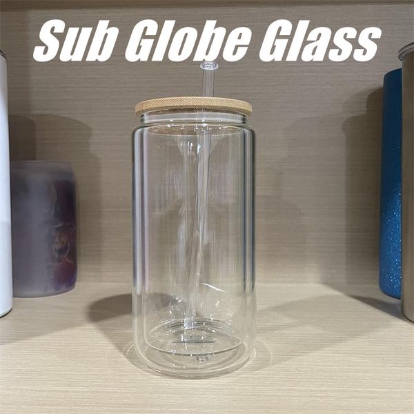 Vasos de globo de sublimación de almacén local, vasos de vidrio de doble pared para bebidas de 16 oz con taza de café de paja L01