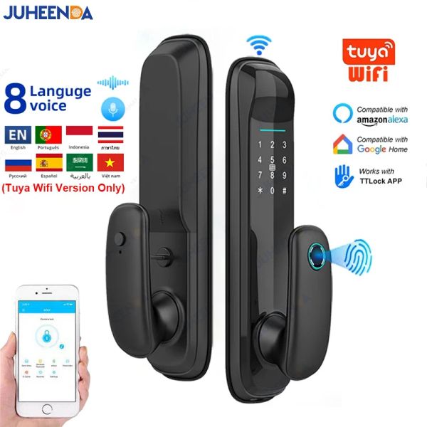 Verrouiller 8 Langue Auto Smart Door Lock Home Fechadura Eletronica Tuya WiFi Biométrique Empreinte / carte / Code / Key / TTLOC