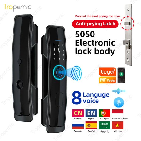 Verrouiller 8 Langue Tuya Smart Home Electronic Lock WiFi App APPRESSION BIOMETRICE ENRRENCE SMART SMART DORVER MOT de passe numérique Déverrouillage Sécurité