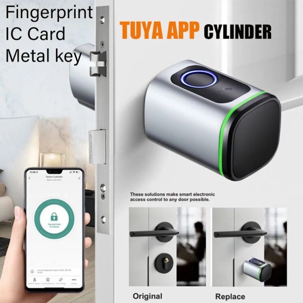 Verrouiller Keylessless Nigital Tuya App APPLAGE BLUETOOTH ENGRIMENTS FOB IC CARDE MÉTAL METRIQUE ÉLECTRIQUE CYLINDE DE VERROGIQUE DE PROFIL EURO SMARO pour la porte d'entrée