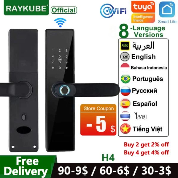 Verrouille Nouveau Raykube H4 Tuya Electronic Lock WiFi Smart Door Lock Empreinte Mot de passe du mot de passe IC Carte IC Clé USB Charge pour Smart Home