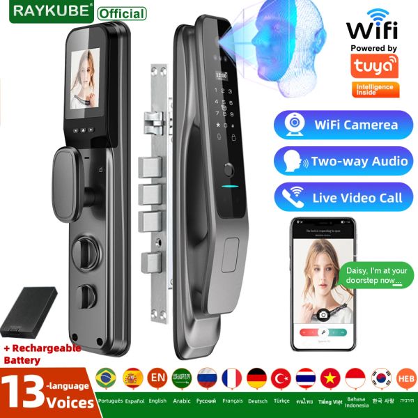 Verrouillez New Raykube X50 Tuya WiFi 3D Reconnaissance du visage Digital Empreinte Digital Empreinte Lock avec application WiFi Remote App Video Call 13Language