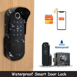 Vergrendeling geen bedrading Waterdichte Tuya WiFi Smart Lock Digital Code IC -kaart TTLOCK -app Fingerprint Rim Lock voor Home Houten metalen poort Door