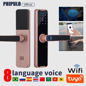 Verrouillage de Phipulo New Red Copper Electronic Smart Door Lock Tuya WiFi Multiple Déverrouillage des empreintes digitales Lock