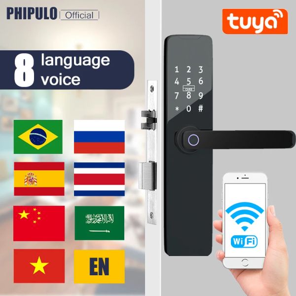 Lock Phipulo Tuya Wifi Bloqueo Smart Door Lock Digital Lock con tarjeta inteligente/contraseña/llave/carga de emergencia USB para un hogar inteligente