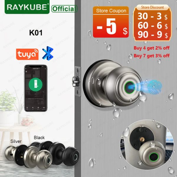 Lock Raykube K01 Tuya Bluetooth Smart Door Lock Auto Cylindor impermeabilizando la aplicación de la perilla de bloqueo electrónica de bloqueo/llave/huella digital