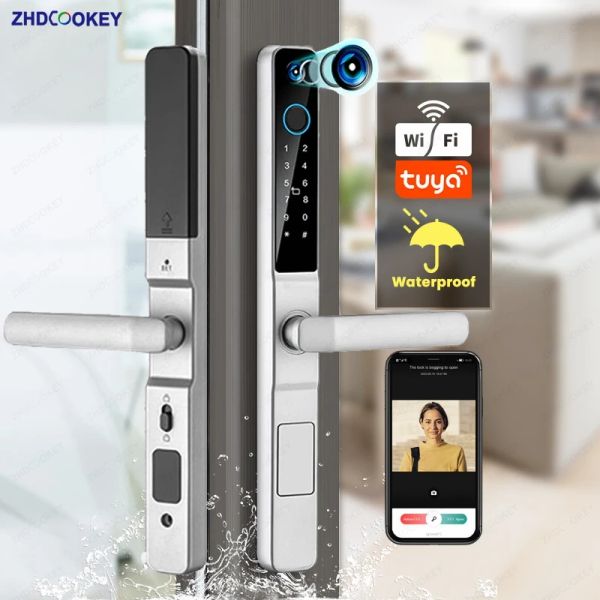 Verrouillage de verrouillage intelligent avec la porte de l'appareil photo Viewer étanche IP66 Tuya WiFi WiFi Empreinte Mot de passe coulissant Card RFID Sliding Electronic Door Lock