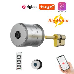 Verrouiller Smart Remote Control Automatique Cylindre UE Lock Whehere M521 Big Motor Power Power Empreinte Mot de passe Lock Tuya Zigbee Facultatif