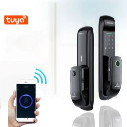 Vergrendelt tuya -app vingerafdrukvergrendeling externe ontgrendeling Smart Lock voor Home met WiFi Smart Door Lock Biometric en wachtwoord/IC -kaart/sleutel ontgrendeling