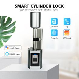 Lock Tuya Aplicación Control remoto IP65 Impermeabilizante Smart Europe Cylinder Desbloqueo de huellas dactilares con bloqueo de puerta inteligente eléctrica Airbnb