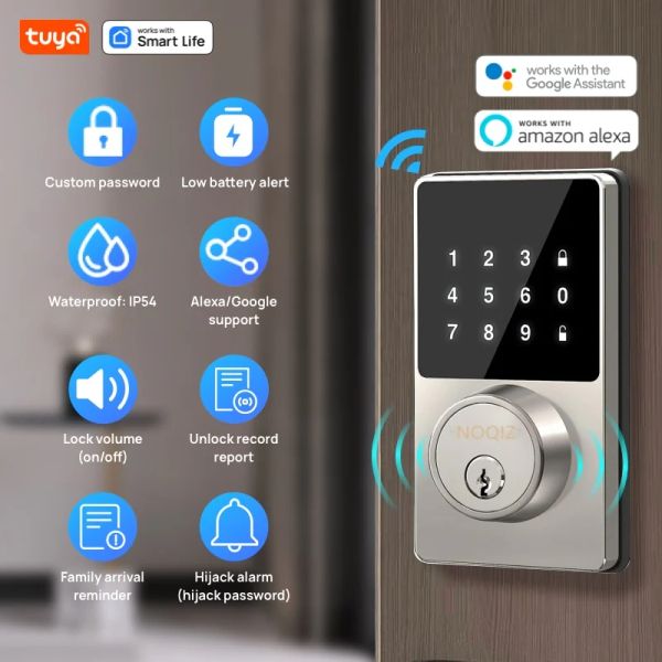 Verrouiller Tuya Smart Home WiFi verrouillage de porte d'entrée sans touche Lock de porte d'entrée avec écran tactile Contrôle de l'application Termeproofing Grade IP54 Alerte de batterie basse